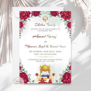 Convite elegante de Anand Karaj | Convite digital para casamento Sikh | Cartão de casamento Punjabi | Convite eletrônico personalizável para casamento indiano