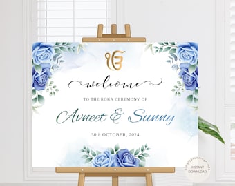 Blue Floral Roka Ceremony Welcome Sign: Punjabi Engagement Decor (Digital Download)