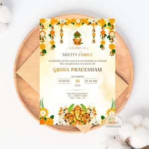 Indiase Griha Pravesham-uitnodigingskaart | Telugu housewarmingsuitnodiging | Vaastu Pooja-uitnodigingssjabloon | Elektronische digitale uitnodiging