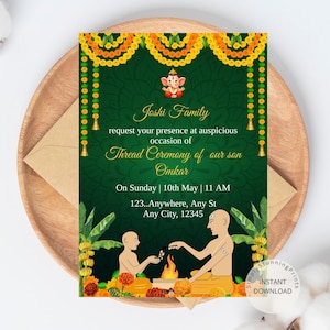 Uitnodigingskaart ceremonie draad | Janoi-ceremonie-uitnodiging | Upanayanam-uitnodiging | Bratabandha-uitnodigingssjabloon | DIGITALE DOWNLOAD