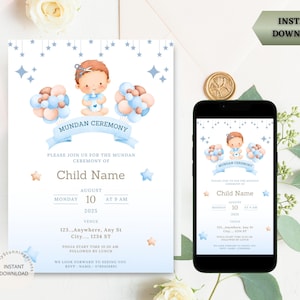 Könnte beinhalten: Blaue und rosafarbene Babyparty-Einladung mit einer Cartoon-Illustration eines kleinen Jungen, der eine Flasche hält. Die Einladung enthält den Text "Mundan Ceremony" und Details zur Veranstaltung, einschließlich Datum, Uhrzeit und Ort.