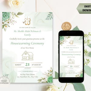 d'invitation musulmane pour pendaison de crémaillère | Faire-part de pendaison de crémaillère | Invitation islamique verte de pendaison de crémaillère | Modèle numérique imprimable