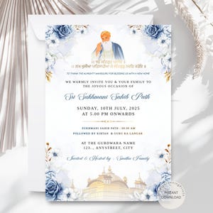 Puede incluir: Una tarjeta de invitación con un diseño floral en tonos azules y dorados. La tarjeta presenta texto en inglés y otro idioma, con una ilustración de una figura religiosa. El texto anuncia un evento "Sukhmani Sahib Path" el 10 de julio de 2025.