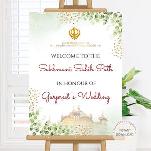 Greenery Sukhmani Sahib Path Wedding Welcome Sign | Sikh Wedding Decor | Printable Punjabi Welcome Board | Sikh Religious Event Decor