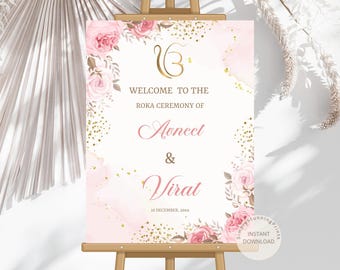 Pink Floral Roka Ceremony Welcome Sign | Indian Engagement Party Decor (Digital Download)