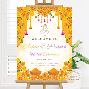 Letrero de bienvenida editable para la ceremonia Haldi / Tablero de bienvenida Haldi imprimible / Decoración de mehndi y Haldi / Póster de pareja para la noche Haldi / DESCARGA DIGITAL