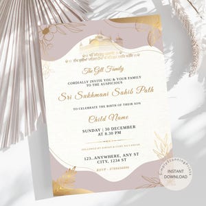 Tarjeta de invitación al camino de Sri Sukhmani Sahib / Invitación al nacimiento de un niño sikh / 1.er cumpleaños de un niño sikh / Tarjeta de anuncio de nacimiento / DESCARGA DIGITAL