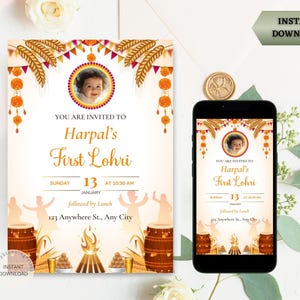 Eerste Lohri-foto-uitnodigingskaart | Lohri-feestuitnodiging | Eerste Lohri-kaart voor jongens | Lohri-festivaluitnodiging | Digitale elektronische uitnodiging