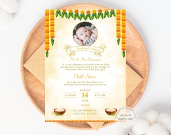 Carte d'invitation Annaprashan : guirlande de soucis, cérémonie de distribution de riz (téléchargement numérique)