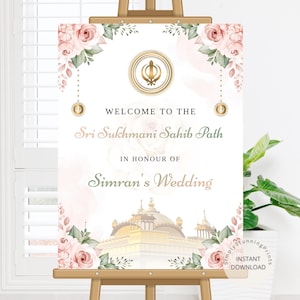 Floral Sukhmani Sahib Path Wedding Welcome Sign | Sikh Wedding Decor | Printable Punjabi Welcome Board | Sikh Religious Event Decor |DIGITAL