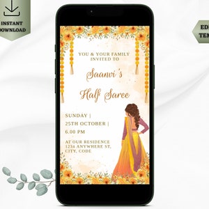 Halbe Sarisezeremonie-Einladung | Halbes Saree Smartphone einladen | Südindische Saree-Funktion einladen | Langa Voni Digitale Einladung | Veränderbar