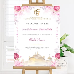 Letrero de bienvenida con flores rosas del Camino Sukhmani Sahib / Póster de la ceremonia del nacimiento de una niña sij / Decoración punjabi para la llegada de un bebé / Póster digital editable