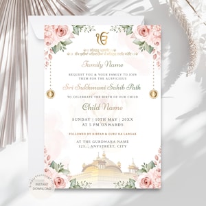 Invitación para anunciar el nacimiento de Sukhmani Sahib Path / Tarjeta para la ceremonia de nacimiento de un recién nacido sij / Invitación religiosa sij / Tarjeta de cumpleaños para un niño sij / DIGITAL