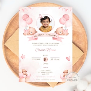 Könnte beinhalten: Rosa-weiße Einladung mit einem Teddybär und Ballons. Die Einladung ist für eine Mundan-Zeremonie. Der Text auf der Einladung lautet "Mundan Ceremony", "Please join us for the Mundan Ceremony of our daughter", "Child Name", "Sunday June 10 at 10 AM 2025", "Venue", "Place Name 123 Anywhere St. Any City", "Invited by: Mr. & Mrs. Surname", "RSVP by: June Phone: 123456789".