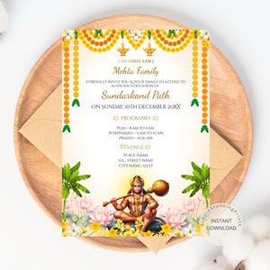 carte d'invitation de chemin de Sundarkand | Invitation Sundark et Sri Hanumanji | Invitation Puja indienne | Invitation électronique à téléchargement numérique