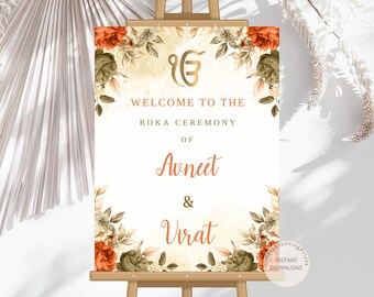 Roka Ceremony Welcome Sign Template: Ik Onkar Rust Floral Engagement Decor, (Editable Download)