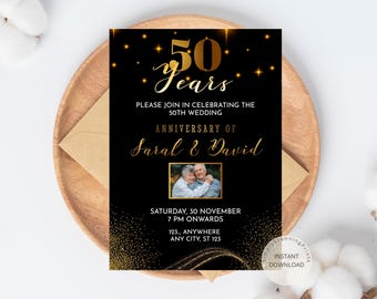 May include: Gold 50th anniversary invitation with black background and gold glitter. The invitation features a photo of a couple and the text "Please join in celebrating the 50th wedding anniversary of Sara & David. Saturday, 30 November 7 PM onwards 123, Anywhere Any City, ST 123"