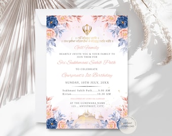 Floral Sri Sukhmani Sahib Path Invitation: Sikh Birthday Card (Digital Download)