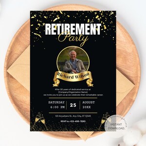 Zwart-gouden uitnodigingskaart pensioenfeest | Bewerkbare digitale uitnodiging | Elegante pensioenvieringskaart | Direct downloaden