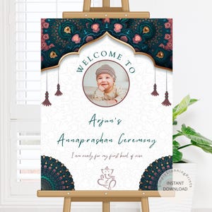Cartello di benvenuto per la cerimonia di Annaprasana / Cartello di benvenuto per Pasni / Poster di decorazione di Annaprashan / Poster di benvenuto fai da te per la festa di alimentazione del riso