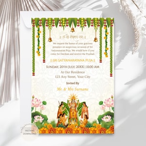 Invitation Sri Satyanrayana Pooja | Invitation modifiable de Katha Satyanarayan | Modèle d'invitation de puja indienne | CARTE NUMÉRIQUE IMPRIMABLE