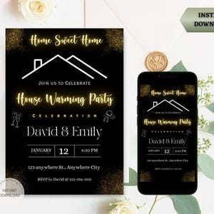 Cartão de convite para inauguração de casa editável | Convite para festa de inauguração de casa | Convite moderno em preto e dourado | Modelo digital para impressão