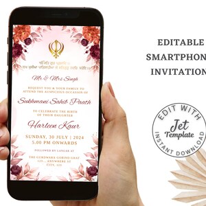 Invitación al camino de Sukhmani Sahib para una niña sij / Anuncio de nacimiento Invitación de Sukhmani Sahib / Plantilla de invitación para niña / Invitación para teléfono inteligente