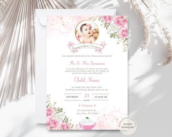 Faire-part Annaprashan floral rose : cérémonie du riz pour petite fille (téléchargement numérique)