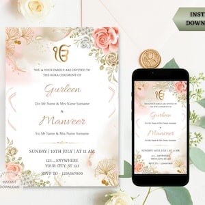 Uitnodigingskaart Indiase Roka-ceremonie | Roze bloemen verlovingsuitnodiging | Panjabi Rokha-uitnodiging | Kaart ringceremonie | DIGITALE DOWNLOAD