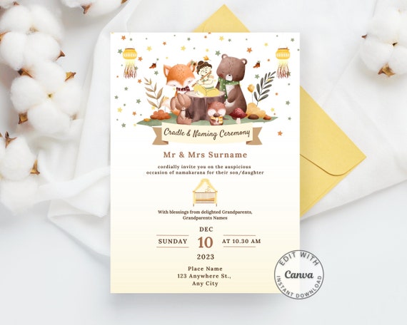 Indian Naming Cradle Ceremony Invitation With Cute Baby Krishna