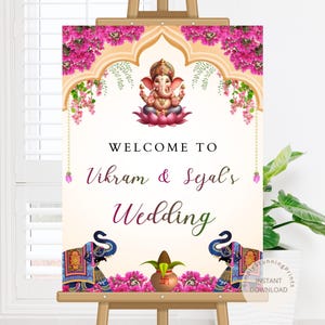 Welkomstbord Indiase bruiloft: Ganesha, bougainville bloemen (digitale download, 18 x 24/24 x 36 inch verticale sjablonen)