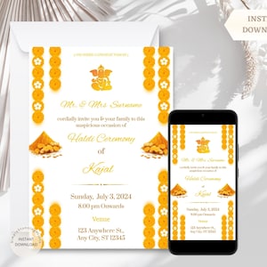 Bewerkbare Haldi-ceremonie-uitnodiging | Indiaas bruiloft pre-wedding event | Mehndi Haldi digitale uitnodiging | Pithi-uitnodiging | DIGITALE DOWNLOAD