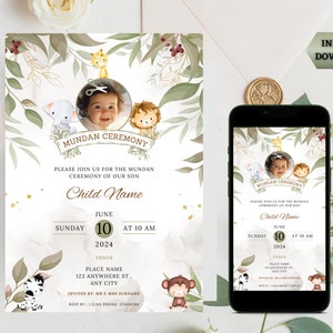 May include: A green and gold invitation for a Mundan Ceremony. The invitation features a photo of a baby boy, jungle animals, and the text "Mundan Ceremony", "Please join us for the Mundan Ceremony of our son", "Child Name", "Sunday, June 10, 2024 at 10 AM", "Venue", "Place Name", "123 Anywhere St., Any City", "Invited by: Mr. & Mrs. Surname", "RSVP by 1 June Phone 123456789".