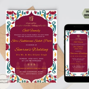 Cartão do convite do trajeto de Sri Sukhmani Sahib de <br> Entrega Rápida? Sikh que Wedding Sukhmani Sahib de <br> Entrega Rápida? Modelo de convite de Akhand Paath | Download digital