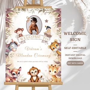 Mundan Ceremony Willkommensschild: Dschungel Safari Tiere Thema Dekor (digitaler Download)