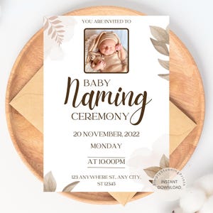 Carte d'invitation avec photo pour un bébé | Faire-part pour la cérémonie de baptême | Invitation de cérémonie du berceau | Modèle d'invitation numérique bricolage