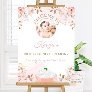 Pink Floral Rice Feeding Ceremony Welcome Sign with Baby Photo (Digital Download)