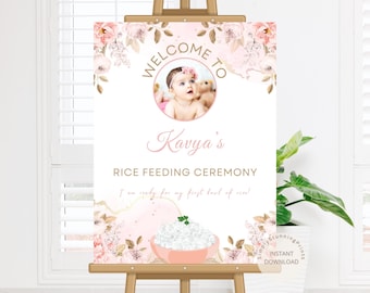 Rosa Blumen Reis Fütterungszeremonie Willkommensschild mit Babyfoto (digitaler Download)