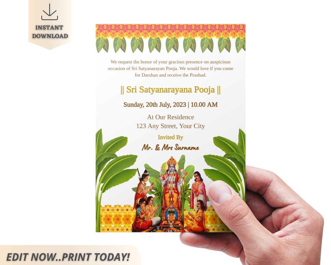 Sri satyanarayana pooja invitation editable satyanarayan etsy