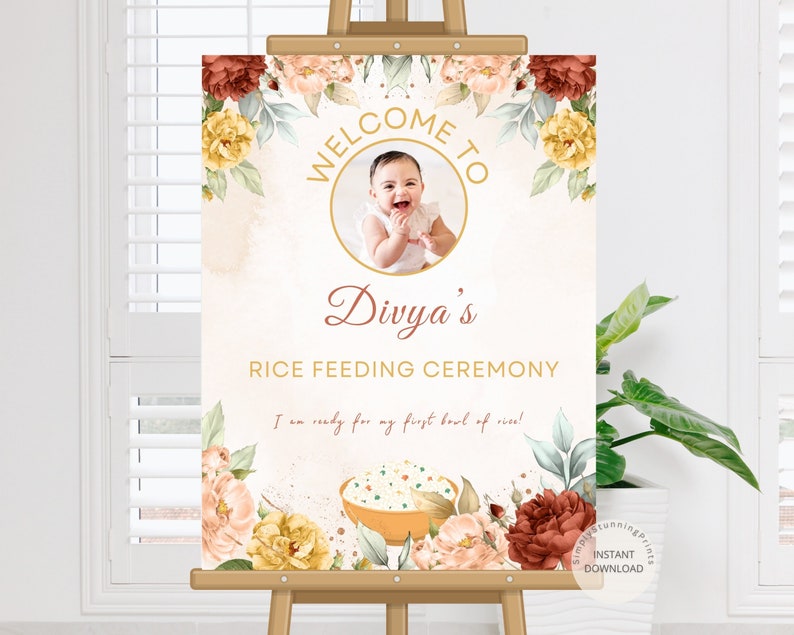 Rice Feeding Ceremony Welcome Sign Rice Weaning Welcome Sign Rice Feeding Decoration Sign Editable Welcome Poster DIGITAL DOWNLOAD image 1