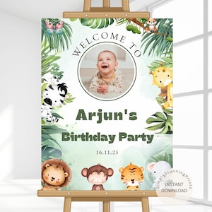 Panneau de bienvenue de la fête du 1er anniversaire Jungle Safari | Premier anniversaire d'un garçon sauvage | Décoration d'anniversaire animal mignon | Poster de bienvenue DIY modifiable