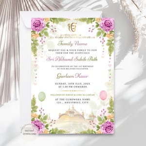 Invitation florale de chemin du Sri Akhand | carte d'anniversaire de bébé sikh | Faire-part de naissance sikh | Invitation Gurdwara Path | MODIFIABLE