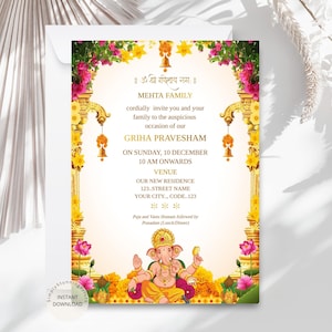 Traditionele Griha Pravesham-uitnodigingskaart |  Digitale uitnodiging housewarming | Hindoe Vastu Shanti-kaart | Bewerkbare digitale e-uitnodiging
