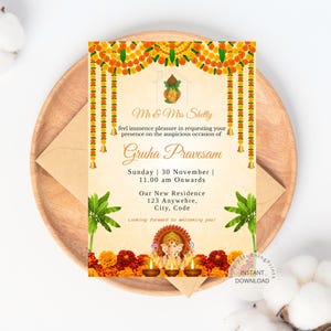 Cartão do convite de Gruha Pravesam do indiano de <br> Entrega Rápida? O partido da inauguração convida | Modelo de convite de Vaastu Pooja | Convite Eletrônico Digital