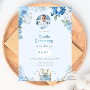 Blue Floral Cradle Ceremony Invitation with Photo : Boy Naming Day Card (Digital)