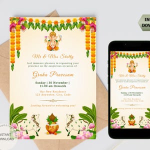 Indiase Gruha Pravesam-uitnodigingskaart | Uitnodiging housewarmingfeest | Vaastu Poojan-uitnodigingssjabloon | Elektronische digitale uitnodiging