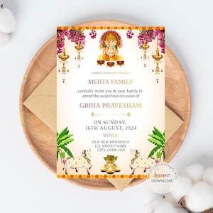 Indyjska karta zaproszenie Gruha Pravesham | Zaproszenie na parapetówkę w języku telugu | Szablon zaproszenia Vaastu Pooja | Elektroniczne zaproszenie cyfrowe