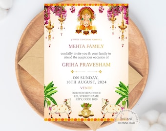 May include: An invitation card with a yellow, orange, and pink floral border. The card features an illustration of the Hindu god Ganesha, and the text "SHREE GANESHAY NAMAH", "MEHTA FAMILY", "cordially invite you & your family to attend the auspicious occasion of GRIHA PRAVESHAM", "ON SUNDAY, 16TH AUGUST, 2024", "VENUE", "OUR NEW RESIDENCE", "123, STREET NAME", "CITY, CODE 1020", and "simplyStunningPrints INSTANT DOWNLOAD".