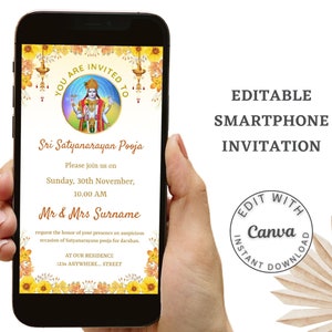Sri Satyanarayana Pooja mobile Invitation | Editable Satyanarayana Katha Invite | Digital Smartphone Invitation | Canva Template