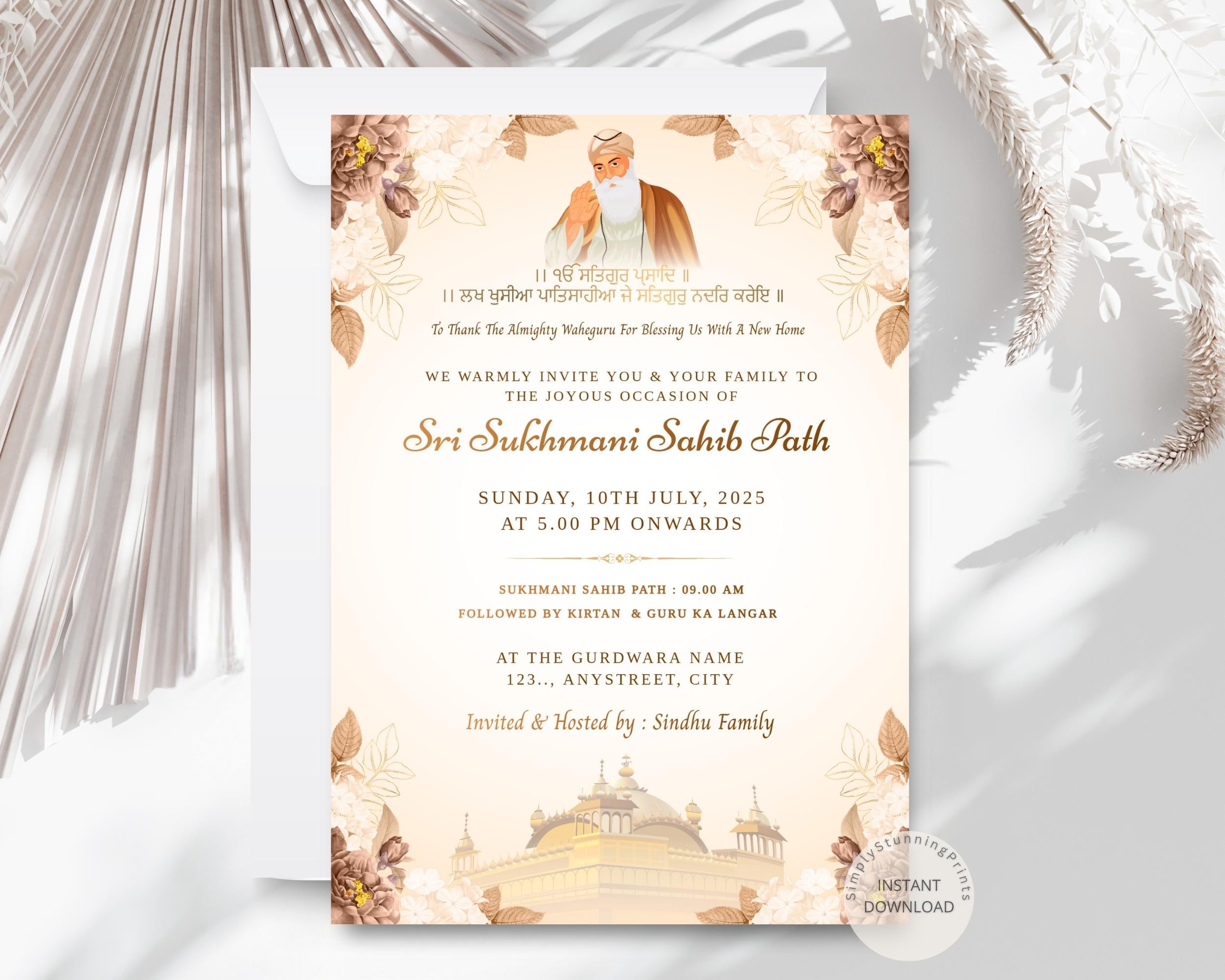 Floral Sikh Akhand Path Invitation: Punjabi Housewarming Invite